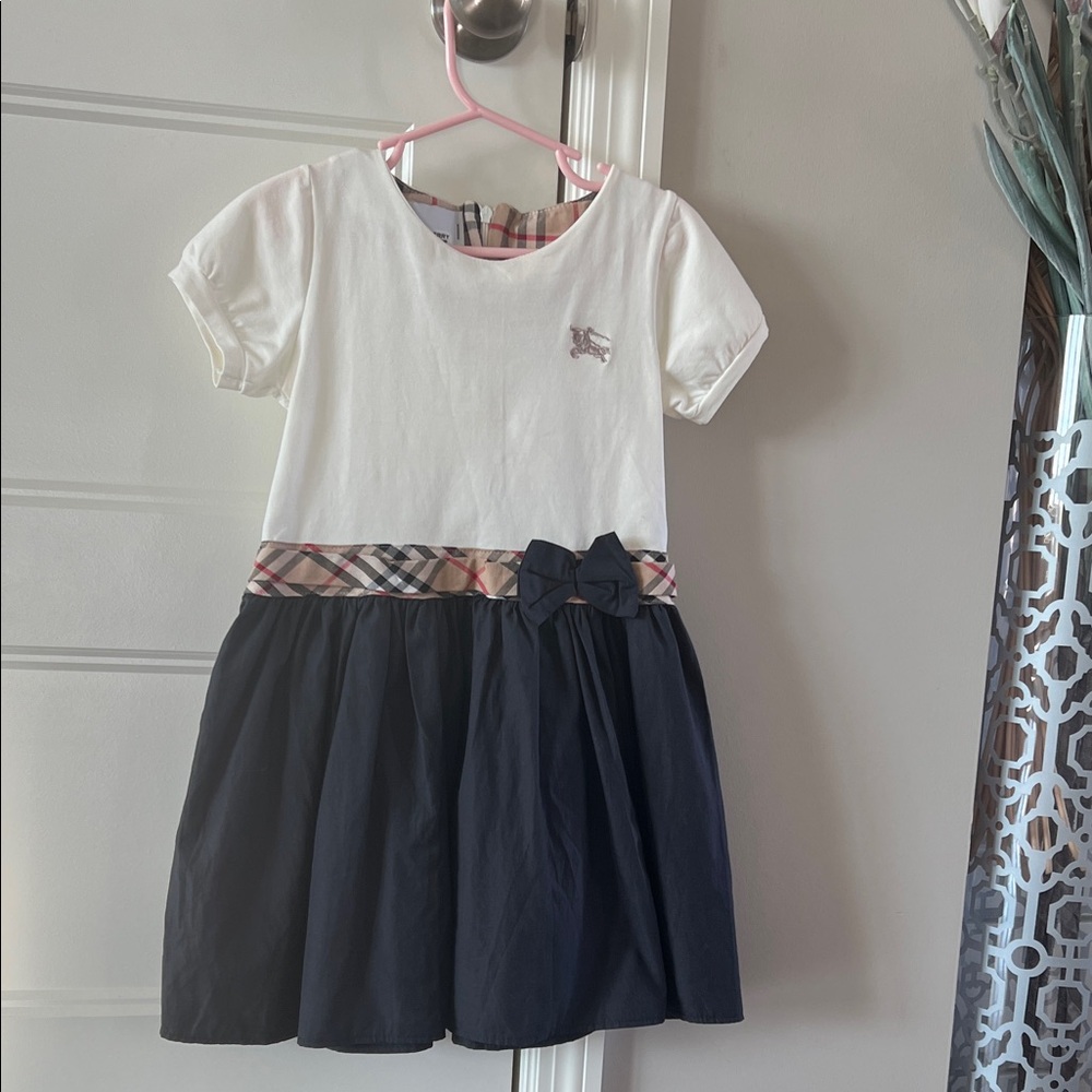 Burberry White and Navy Kids Dress with Plaid Detail